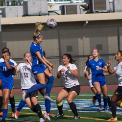 Marissa Moore (#4), in air, of the Santa Monica Corsair jumping to header the ball after receiving a corner kick during Friday, October 7,2016 match against Antelope Valley Marauder at the Corsair Field located at Santa Monica College in santa Monica, Calif. The Corsair was triumphant in a 1-0 match. (Photo by: Brian Quiroz)